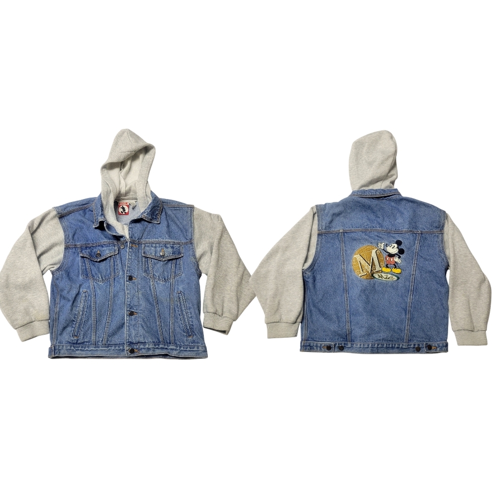 Vtg 90s Mickey Mouse Denim Jacket Hybrid Hoodie Trucker Type 3 Sz M Mickey Inc
